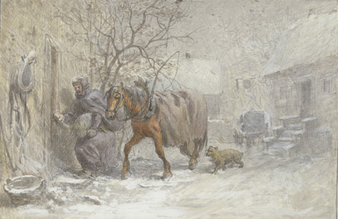 Manor house in winter, a horse being led into the stable by the coachman, 19th century. Creator: Heinrich Winter.