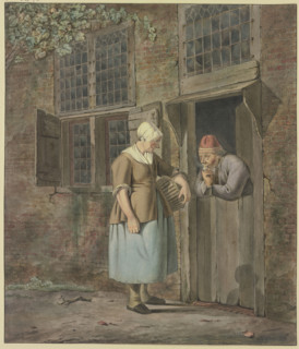A man smoking at a front door speaks with a woman carrying a basket. Creator: Johannes Christiaan Janson.