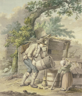 A farmer pours potatoes into a barrel, a child helps. Creator: Pieter Bartholomeusz. Barbiers.