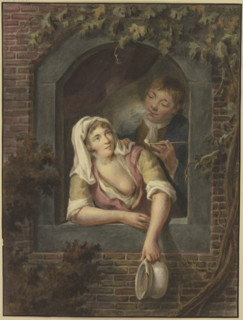 A woman with bare breasts empties a chamber pot out of a window, a young man smoking behind her.. Creator: Lambert Antoine Claessens.