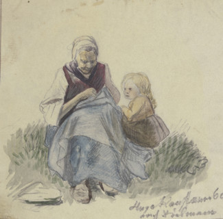 Grandmother sewing, and child, 1860. Creator: Hugo Kauffmann.