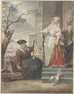 A lady stands with her maid in front of her house, haggling with a fishmonger, 1780. Creator: Jacobus Buys.