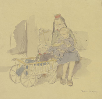 Three children with a cart, late 19th century. Creator: Jacob Happ.