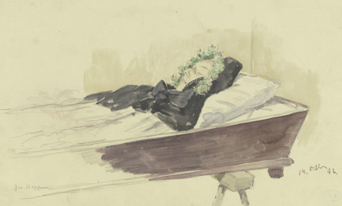 Girl in the coffin, 1896. Creator: Jacob Happ.