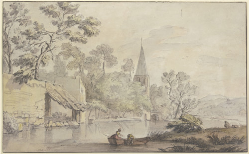 Church tower and several buildings by a body of water, two women in a boat..., 18th century. Creator: Jean-Baptiste Lallemand.