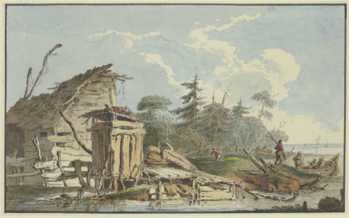 Timber cabins on the wooded seashore, a boat with a family on the right, late 18th century. Creator: Marquand Fidel Dominikus Wocher.