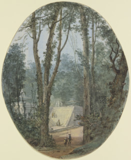 Park landscape with tall trees and a view of a staircase in the middle ground, c1780. Creator: Louis Gabriel Moreau.