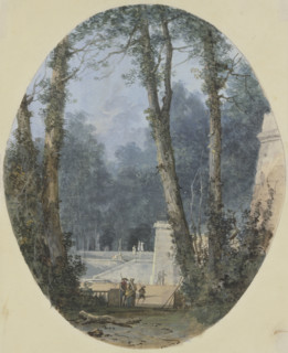 Park landscape with tall trees and a stone ramp in the middle ground, c1780. Creator: Louis Gabriel Moreau.