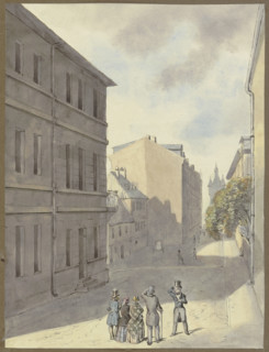 Strollers on Hochstrasse in Frankfurt am Main, the Eschenheimer Tower in the background, (1846?). Creator: Monogrammist MvF.