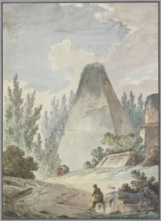 Pyramid with a broken point in an ancient ruined landscape, late 18th century. Creator: Hubert Robert.