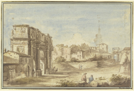 Roman scene with a triumphal arch (Arch of Constantine), 18th century. Creator: Giovanni Paolo Pannini?.