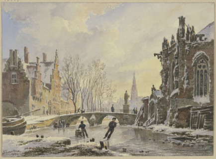 Ice skaters on a canal in Amsterdam, 1832. Creator: Bartholomeus Johannes van Hove.