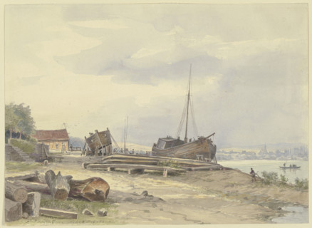 Shipyard on the Rhine bank near Niederwalluf, c1880-1900. Creator: Ernst Morgenstern.