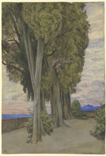 Cypresses in the Villa d'Este, a circle of three putti below the treetops, 1880. Creator: Hans Thoma.