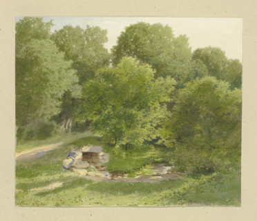 Girl sitting at the opening of a brick-lined canal below a path, 1863. Creator: Carl Theodor Reiffenstein.