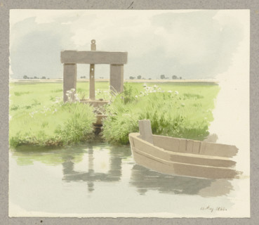 Wooden lock, a boat floating on the water to the right, 1860. Creator: Carl Theodor Reiffenstein.