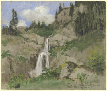 Landscape with a waterfall, (decoration for a puppet theater), 1870. Creator: Hans Thoma.