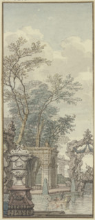 Panel, park view with waterworks and artificial rock, c1690s. Creator: Isaac de Moucheron.