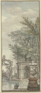 Panel, park view with waterworks and artificial rock, c1690s. Creator: Isaac de Moucheron.