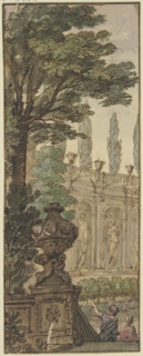 Panel, a vase in the foreground, an orangery in the background, c1690s. Creator: Isaac de Moucheron.