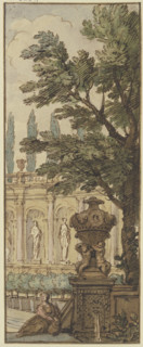 Panel, a vase in the foreground, an orangery in the background, c1690s. Creator: Isaac de Moucheron.