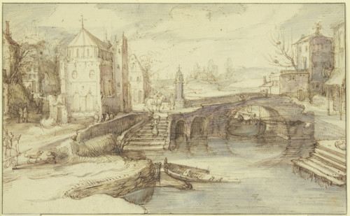 Town view with a bridge under which a ship passes, and a staircase..., c1600-1630. Creator: Cornelis Claesz van Wieringen.