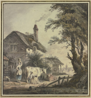 Women with cows in front of a farmhouse, 18th century. Creator: Netherlandish, 18th century;.