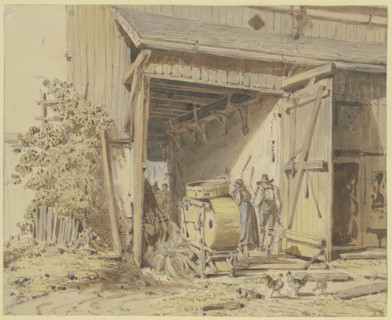 Barn with farmers threshing, c1825-1867. Creator: Heinrich Burkel.