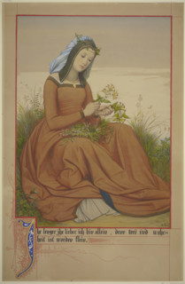Young woman tying a bouquet of flowers, 1867. Creator: Eduard von Steinle.