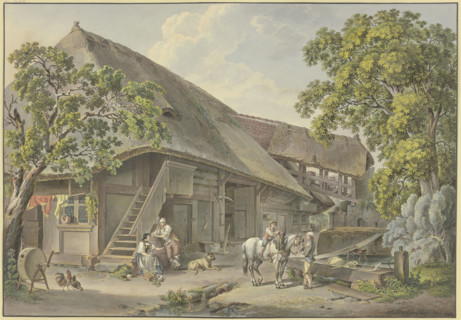 Swiss house, by the fountain a farmer with a white horse on which a boy is riding, 1798. Creator: Sigmund Freudenberger.