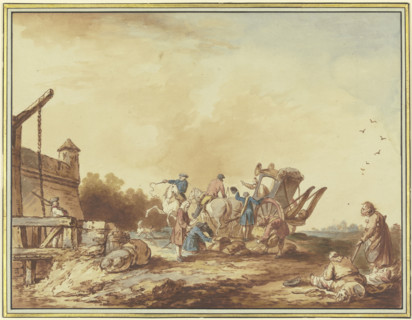 In front of a fortress gate, the luggage of a traveler who has stopped there..., 1760. Creator: Francesco Giuseppe Casanova.