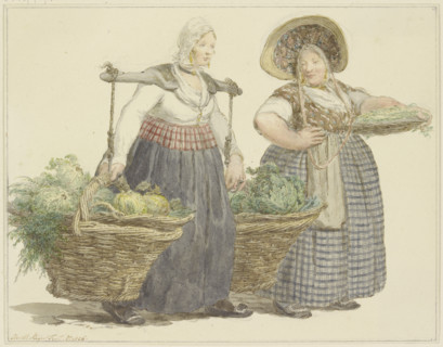 Two female vegetable vendors with their wares, before 1817. Creator: C. H. Meyer.