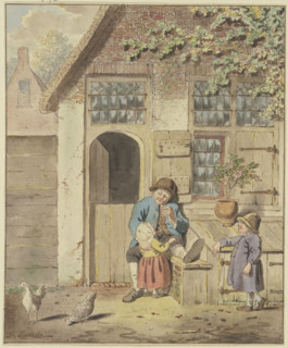 A farmer sits in front of a house with two children and two chickens, c1790s. Creator: Johannes Christiaan Janson.