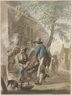 A farmer offers his produce for sale with a basket in front of a house; a dog is in the..., c1790s. Creator: Hermanus van Brussel.