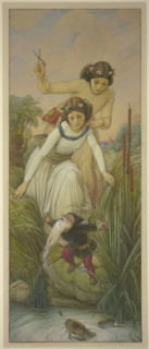 Snow White and Rose Red find the dwarf whose beard is tangled in the fishing line, 1866. Creator: Eduard von Steinle.