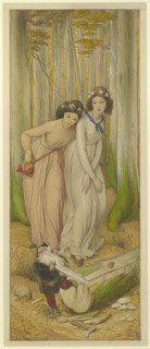 Snow White and Rose Red find the dwarf in the forest whose beard is caught in a tree trunk, 1866. Creator: Eduard von Steinle.