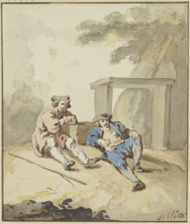 Two men lying on the ground by a stone bench, c1770-1790. Creator: Gottlieb Welte.