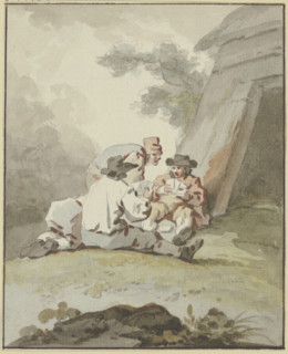 Four men sitting or squatting on the ground in front of a hut playing cards, c1770-1790. Creator: Gottlieb Welte.