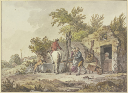 Rider with dog at a watering place, on the right at the well in front of a house a man..., 1773. Creator: John Webber.
