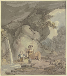 Young woman with her child resting by a rock spring, two sheep to the right, c1790s. Creator: Franz Joseph Manskirsch.