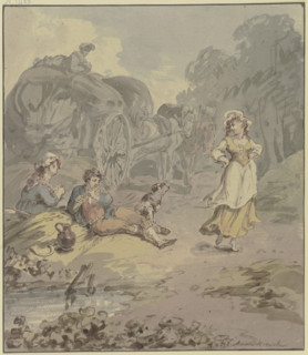 Reaper and reaper resting by a harvest wagon, in front of them a young girl dancing..., c1790s. Creator: Franz Joseph Manskirsch.