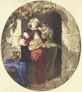 Lovers in the front door, 1850. Creator: Andreas Deckelmann.