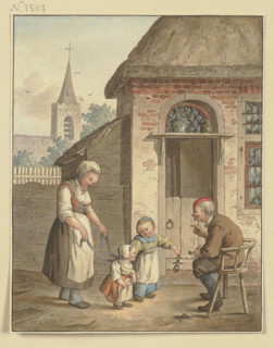 An old man sits in front of a house with a maid and two children, c1800-1844. Creator: Johann Friedrich Morgenstern.