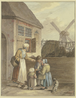 Three children with an old woman in front of a house, c1800-1844. Creator: Johann Friedrich Morgenstern.