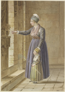 Young woman with her daughter in Provençal dress at a church window, c1810-1850. Creator: Pierre Huard.