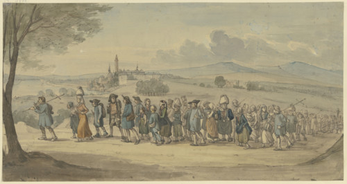 Walldürer's pilgrims passing by the town of Höchst am Main, (1830?). Creator: Jakob Dielmann.