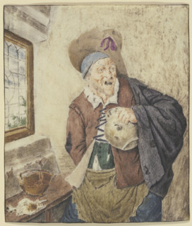 Ragged peasant by a window, holding a jug, 17th century. Creator: Cornelis Dusart.
