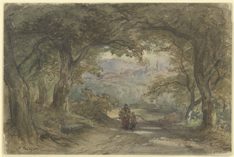 Forest path with a view of a village, c1840-1900. Creator: Anton Burger.