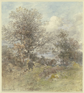 Landscape with a hunter and a farmer loading wood, 1881. Creator: Anton Burger.