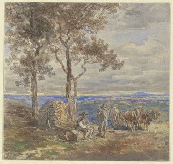 Two peasants with their ox-drawn cart, resting on a plateau by a woodpile, c1840-1890s. Creator: Anton Burger.